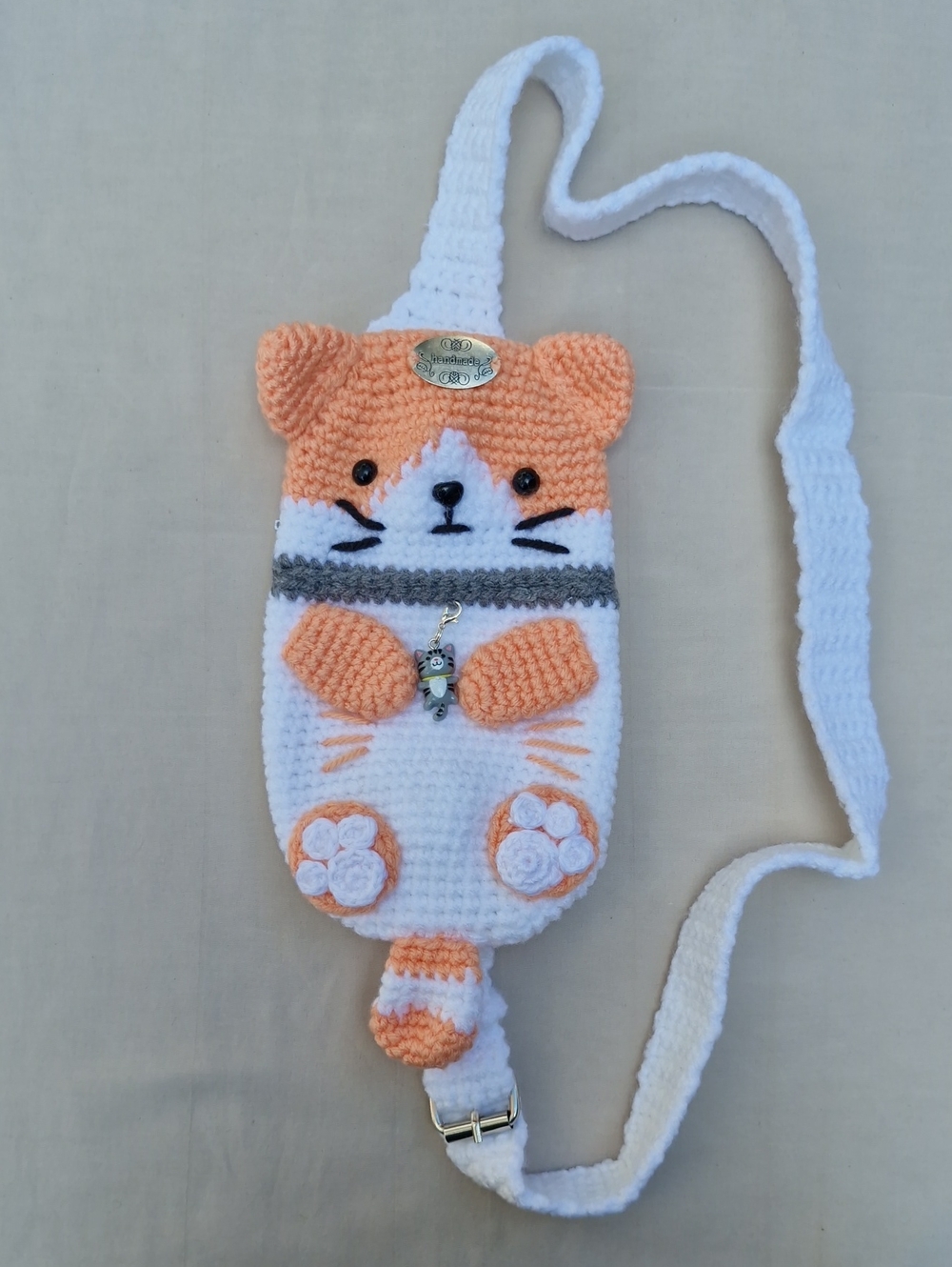 Unisex Peach & White Cat Crossbody Pouch with Gray Accent Handmade